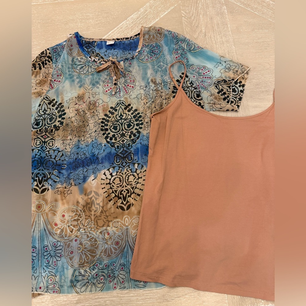 Boho Blue Paisley Print Short-Sleeve Sheer Top with Tan Cami
